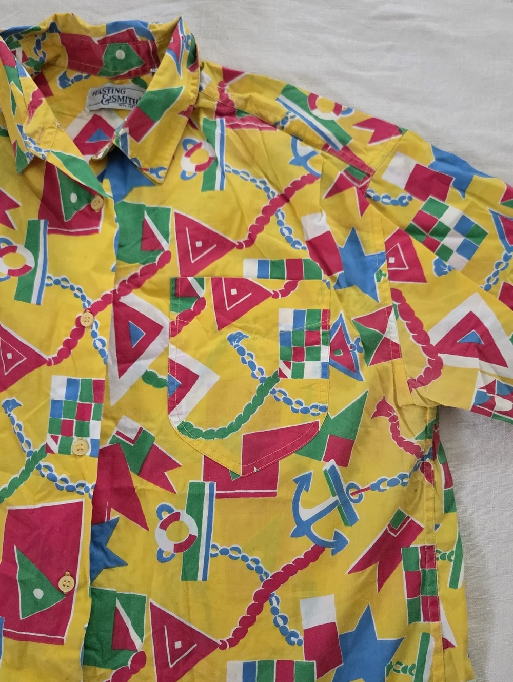 Vintage Yellow Nautical Geometric Print Short-Sleeve Shirt Womens 14 Large XL - Picture 2 of 9